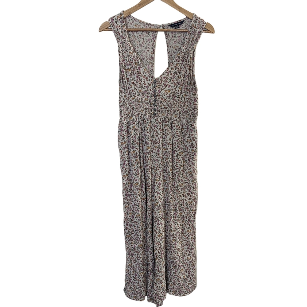 American Eagle Outfitters Smocked Waist Cream Floral Wide Leg Jumpsuit w Pockets